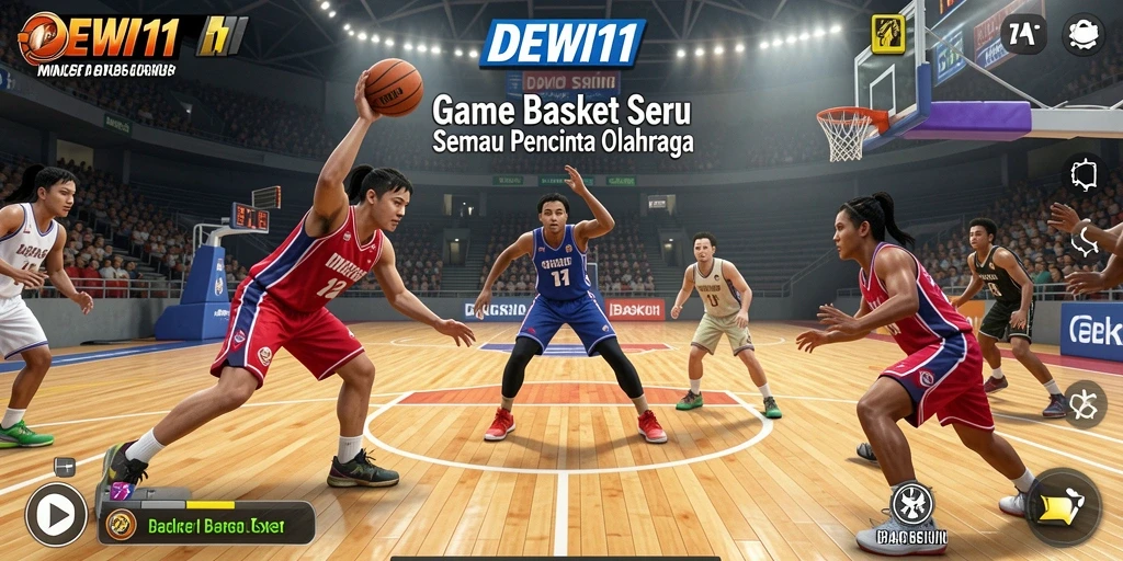 Tampilan antarmuka DEWI11 yang menarik dan intuitif untuk bermain basket.